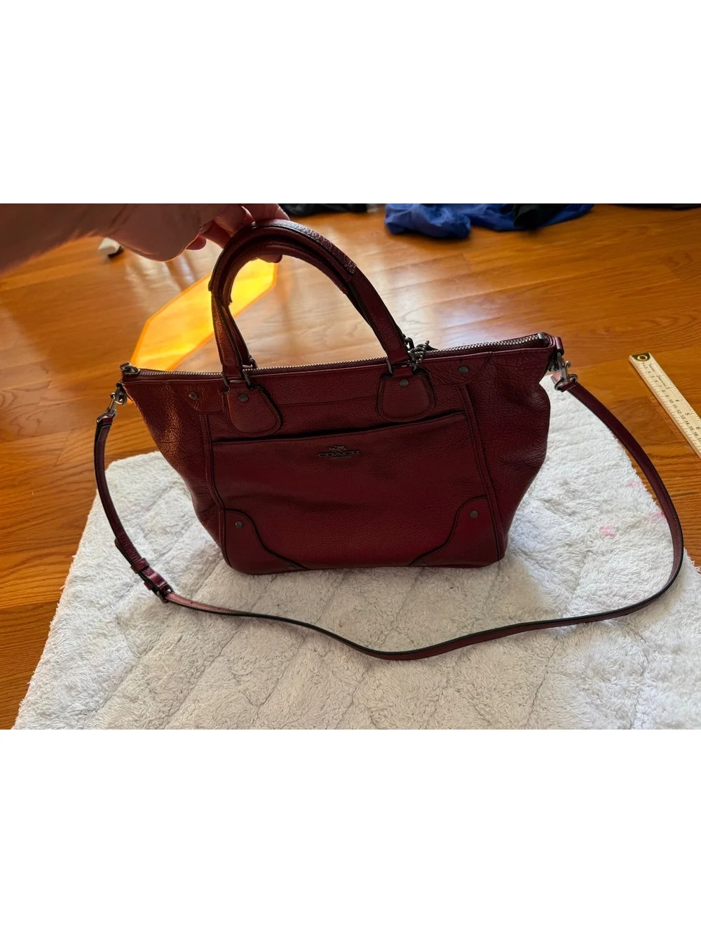 Coach Mickie Satchel Pebbled Leather Bag with Adjust Strap in Metallic Cherry